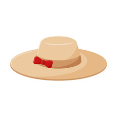 Women's hat with a bow. Side view. Summer headdress from the sun. Personal fashion accessory. An element of women's wardrobe. Flat color vector illustration. Isolated on white.