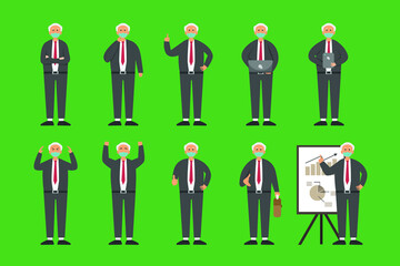 Businessman working poses vector concept: Set of old businessman characters working poses while wearing face mask