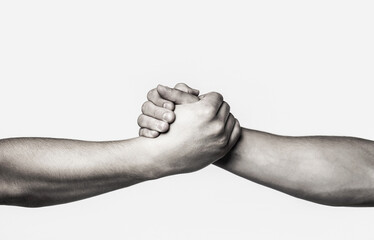Rescue, helping gesture or hands. Two hands, helping arm of a friend, teamwork. Helping hand...
