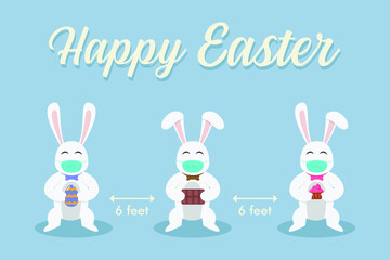 Easter day vector concept: Three rabbits wearing face mask and holding easter egg while keeping social distancing with Happy Easter text