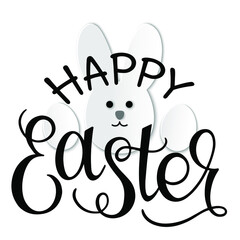 Happy Easter text. Easter bunny, black and white illustration, paper cut style. For a poster, postcard, banner, or logo.	