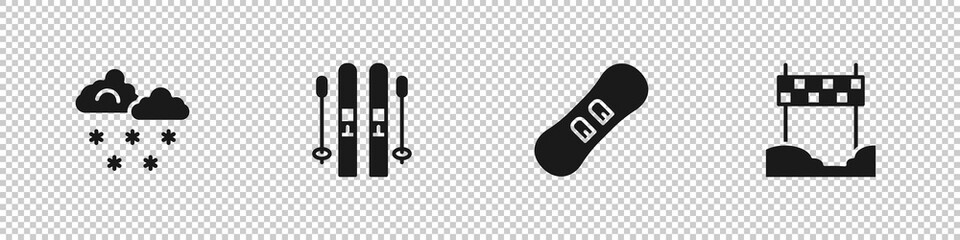 Set Cloud with snow, Ski and sticks, Snowboard and Ribbon in finishing line icon. Vector