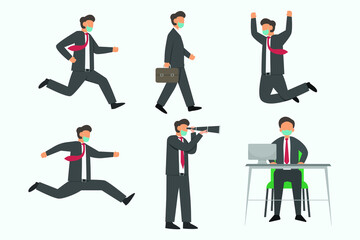 Fototapeta na wymiar Businessman working poses vector concept: Set of businessman characters working poses while wearing face mask