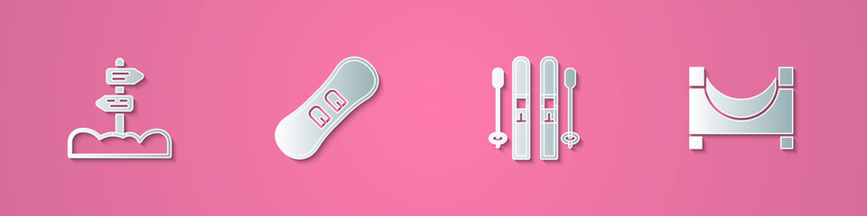 Set paper cut Road traffic signpost, Snowboard, Ski and sticks and Skate park icon. Paper art style. Vector