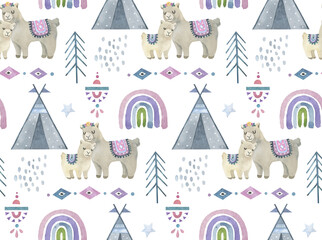 alpaca pattern, llama pattern, wigwam, cute animals, textile, print, clipart, watercolor llamas and alpacas, cute animals, seamless pattern © Анна Царькова