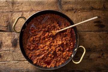 saucepan of meat sauce. Bolognese sauce