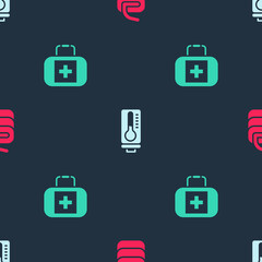 Set Stone for curling, Meteorology thermometer and First aid kit on seamless pattern. Vector