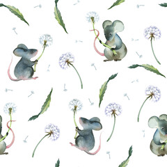 Watercolor illustration. Seamless pattern of gray mice with dandelion on white background.