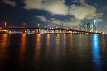 Florida Miami night city. USA downtown skyscrappers landscape, twighlight town.