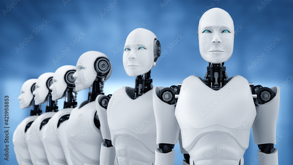 Poster 3d illustration of robot humanoid group in concept of future artificial intelligence and 4th fourth 