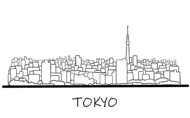 Tokyo skyline freehand drawing sketch on white background.