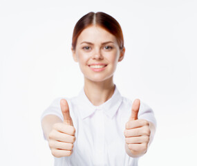 pretty woman gesturing with hands emotion white shirt studio isolated background