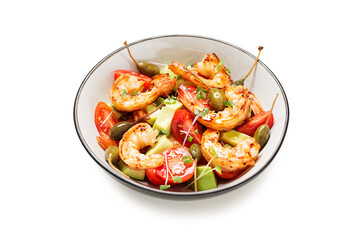 Easy grilled shrimp avocado salad with cherry tomatoes, capers and microgreens. isolated on white background