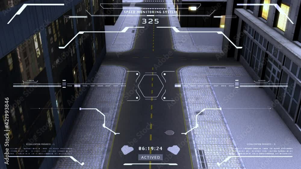 Poster hud monitoring aerial street view screen, building 3d rendering straight through 4k motion.