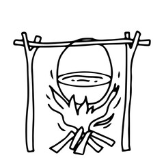 Pot of soup. Wooden device for hanging dishes over a fire. Drawn in doodle style by outline.  Camping, travel. Camping food in the cauldron. Vector illustration.