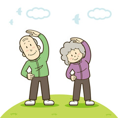 ストレッチする元気なシニア世代の夫婦のイラスト