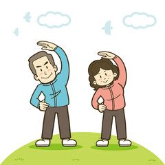 ストレッチする元気な中年夫婦のイラスト