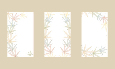 Cannabis leaves. A set of cards isolated on a white background. Linear color vector illustration.