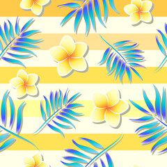 Fototapeta na wymiar Striped yellow pattern with palm branches and plumeria. Summer print with frangipani and tropic leaves. Colorful floral ornament. Botanical blossom bright background.