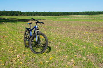 Fototapeta na wymiar bike stands on in the field. A mountain bike stands on a field path with green grass. cycling, wheat field. Mountain bike. outdoor cycling activities. space for text, on a green natural background