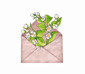 Watercolor illustration of a sprig of blooming jasmine in a paper envelope isolated on a white background