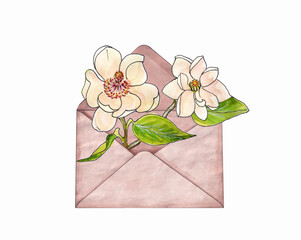 Watercolor illustration of a sprig of blooming magnolia in a paper envelope isolated on a white background