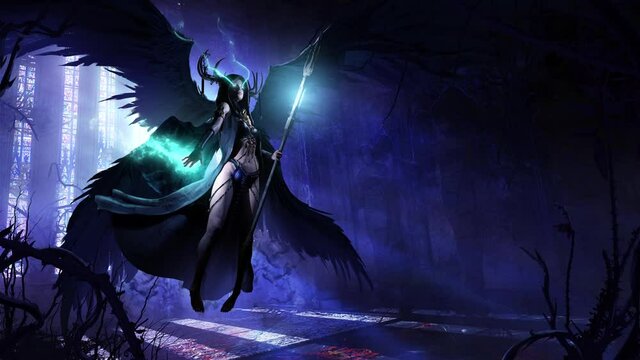 beautiful young girl, she is a black angel of death with a magic staff in her hands, barefoot hovering in the middle of an abandoned Gothic temple overgrown with thorny plants. Her eyes glow.