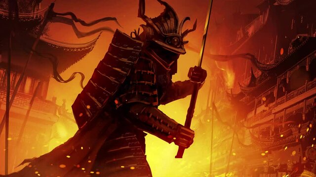 demonic samurai with a katana at the ready, in full armor, wearing a helmet, standing in a combat stance against the background of a burning eastern city. There are embers everywhere.