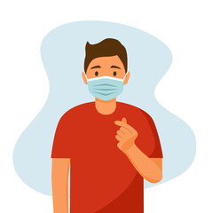 A man wearing medical face mask and show message of love hand gesture. Hand fold into heart symbol. Korean symbol finger heart design vector illustration.	