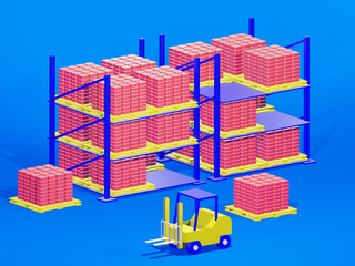 3D image Forklift loader in a storage warehouse. Distribution products. Delivery, Interior of warehouse in logistic center, storage warehouse in factory - 3d render