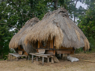 Fototapeta na wymiar Traditional bhaga huts, a female ancestor symbol of the Ngada people or tribe in Belaragi village near Aimere on Flores island, East Nusa Tenggara, Indonesia