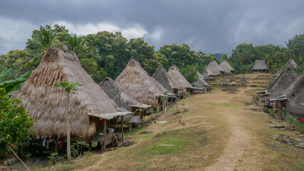 Fototapeta na wymiar Landscape panorama view of Belaragi traditional village of the Ngada people or tribe near Aimere on Flores island, East Nusa Tenggara, Indonesia
