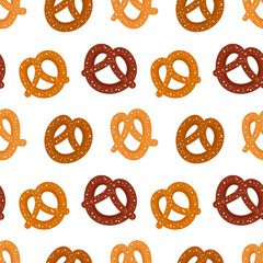 Various cartoon style pretzel, knot-shaped baked pastry vector seamless pattern background.
