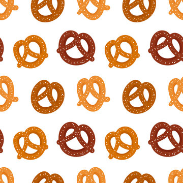 Various cartoon style pretzel, knot-shaped baked pastry vector seamless pattern background.
