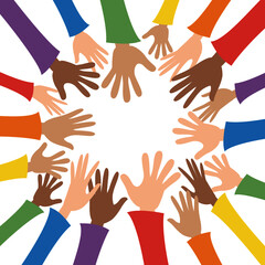Many hands huddled up in circle. Wearing rainbow colored clothes. Vector illustration in flat cartoon style.