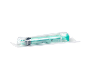 Medical disposable syringe for 5 ml in plastic packaging. Isolated.