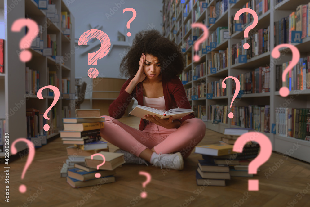 Poster tired university student has difficulty to study. concept of stress, question and difficulty