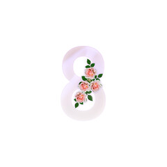 Pastel pink flower number, romantic design element isolated sign, valentine day, celebration alphabet, wedding card part
