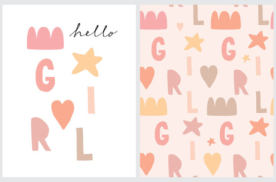 Hello Girl.Cute Baby Shower Vector Illustration and Seamless Vector Pattern.Hand Drawn Print ideal for Card and Baby Girl Party. Pink Cloud, Coral Heart and Yellow Star on a White and Pink Background.