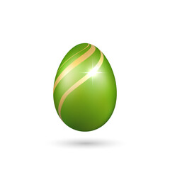 Easter egg 3D icon. Green gold egg, isolated white background. Bright realistic design, decoration for Happy Easter celebration. Holiday element. Shiny pattern. Spring symbol. Vector illustration