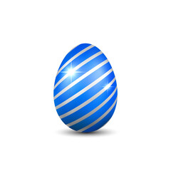 Easter egg 3D icon. Blue egg isolated white background. Golden design template, decoration Happy Easter celebration. Holiday element. Shiny pattern. Traditional symbol spring. Vector illustration