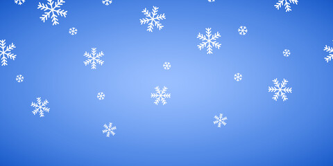 Snow blue background. Christmas snowy winter design. White falling snowflakes, abstract landscape. Cold weather effect. Magic nature fantasy snowfall texture decoration Vector illustration