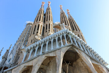 Obraz premium Facade of Sangrada Familia church, bottom view, Barcelona - Spain.