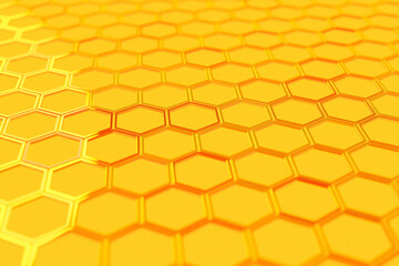3d illustration of a yellow honeycomb monochrome honeycomb for honey. Pattern of simple geometric hexagonal shapes, mosaic background. Bee honeycomb concept, Beehive