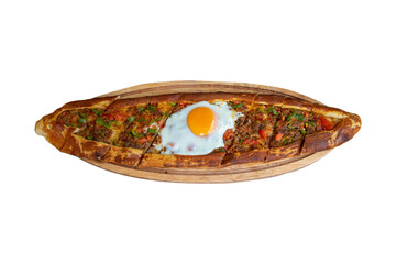 Turkish food pita with minced meat and eggs, top view, isolated on white background