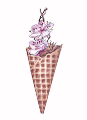 Watercolor illustration of sakura blossom twigs in a waffle cup for ice cream isolated on a white background