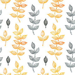 Seamless pattern Graphic twigs with leaves on a white watercolor textured background. Hand drawn illustration for template design, social media, cover, fabric, packaging, wallpaper © Наталья Матюшина