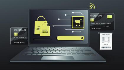 online payments and shopping on laptop computer application with visual elements are,shopping cart icon,shopping bag,creditcard and payment receipt paper,3d vector black dark tone concept