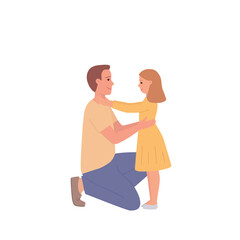 The father is on his knee hugging his little daughter. Happy fathers day. The figure of the parent and child is isolated on white. Flat vector illustration.