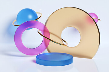 3d illustration of a scenewith cosmic geometric decorations in the form of planets with rings, circles and other figures  on a   white  background. Minimalism geometry background